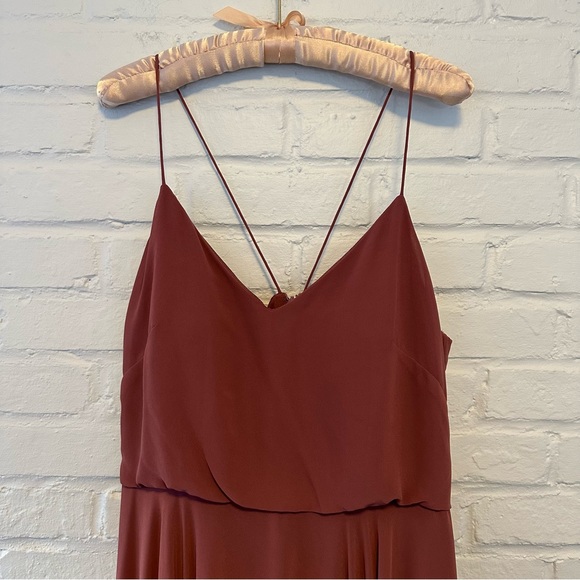 Jenny Yoo Inesse Thin Strap V Neck Long Chiffon Gown Cinnamon Rose - Picture 5 of 11